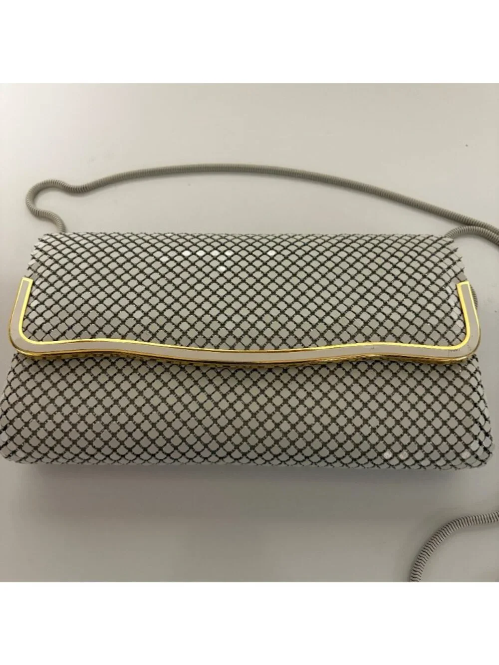 White Mesh Clutch Purse Shoulder Bag Gold Trim 80s Vintage Evening Prom Wedding